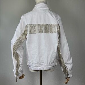 NWT BLANK NYC cotton stone white denim western rhinestone  tassel jacket